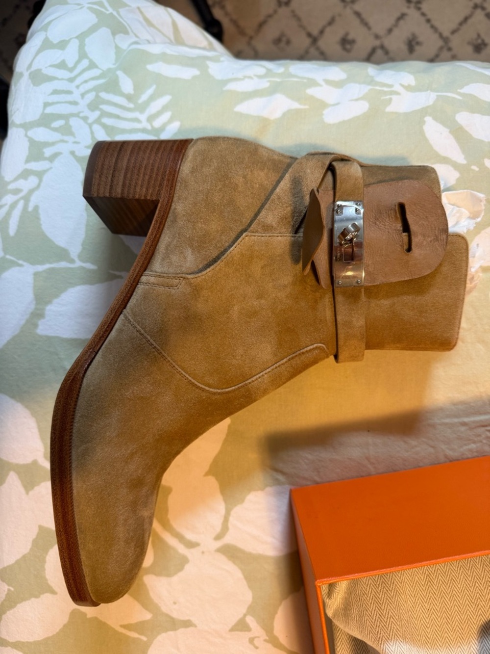 Hermes Women’s Suede Ankle Boot in Tan with Buckle Detail